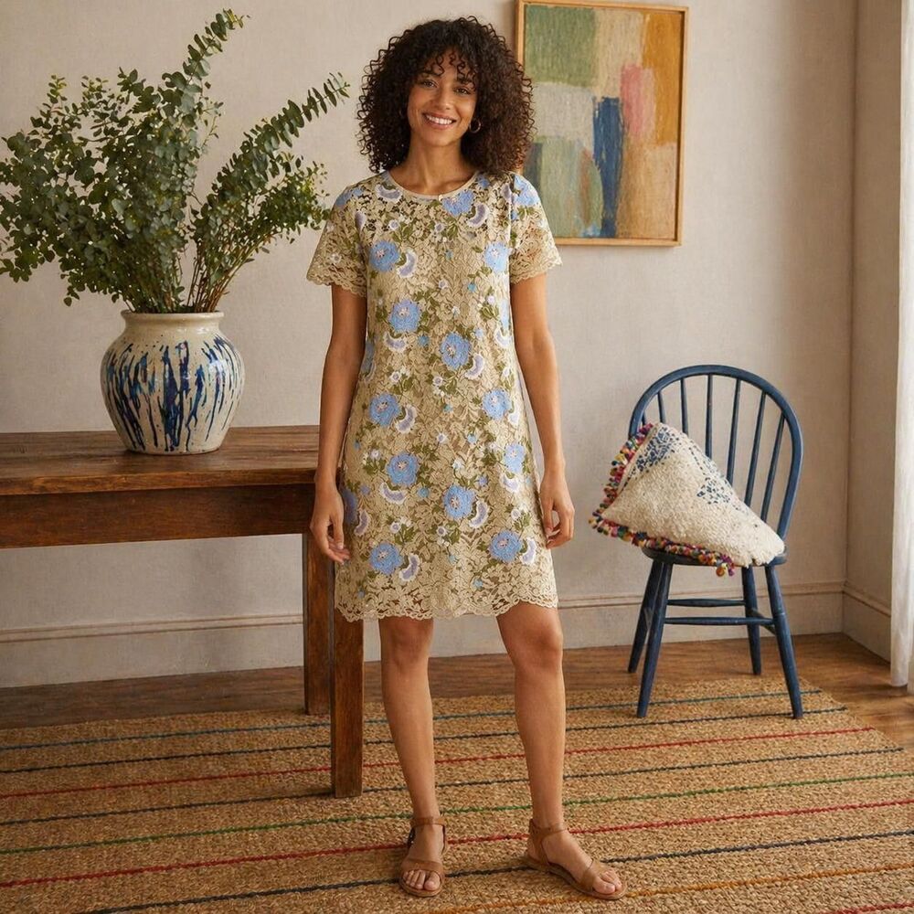 CALVIN KLEIN Women's Dress Knee Length Lace Floral 16 Beige Blue Short Sleeve‎